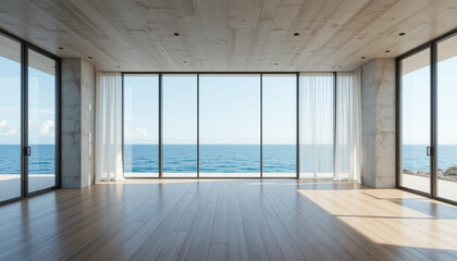 Obraz premium Serene ocean vista from a minimalist home embracing coastal tranquility with wide angle lens and light wood floor
