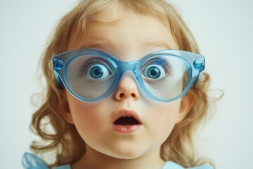 A surprised toddler girl with big eyes wearing oversized blue glasses.