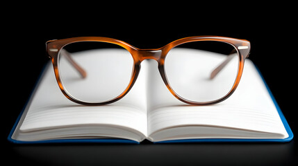 Tortoiseshell Glasses Resting on an Open Blue Book Against a Black Background