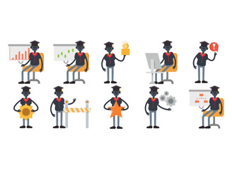 robot student characters in different poses set