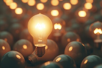 A bright incandescent bulb stands out among many dimmed bulbs, symbolizing unique ideas and innovation.