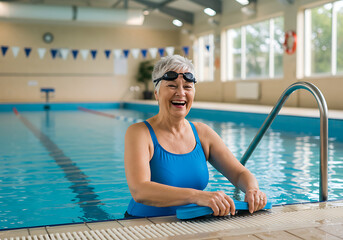 A senior woman wearing goggles smiles while standing in a pool with a kickboard in her hands.