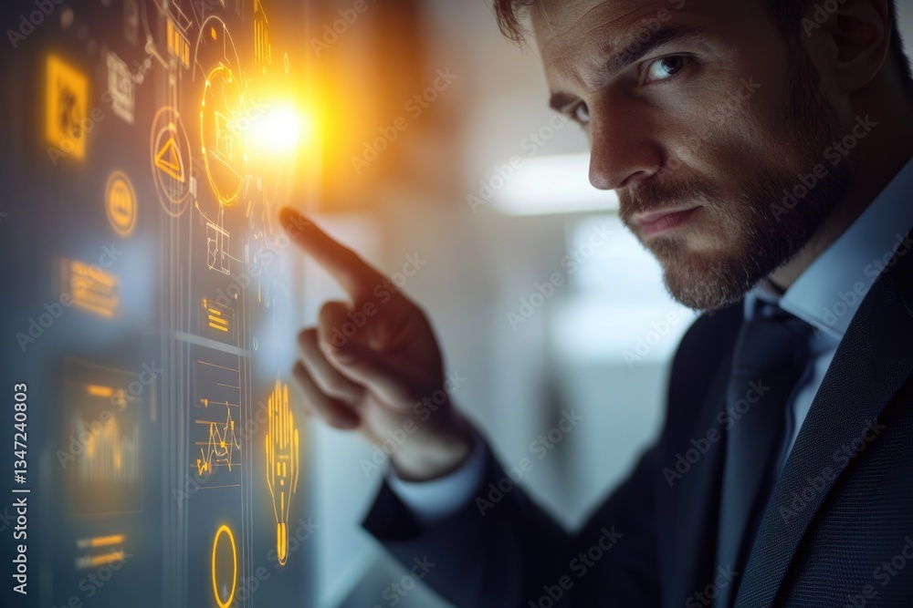 Poster a businessman interacts with a futuristic holographic interface, analyzing data and charts.