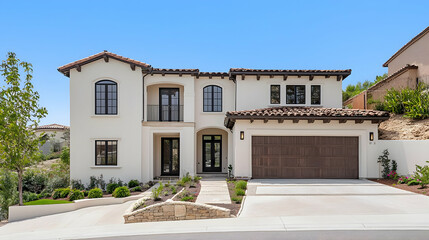 Elegant White House with Brown Roof Tiles Black Windows and Doors with Landscaping and Blue Sky