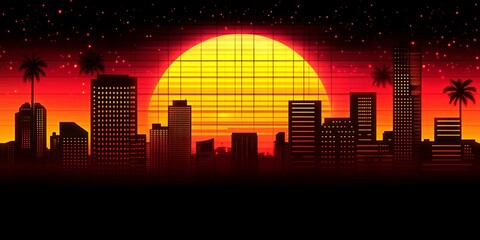 Retro Cityscape Sunset Silhouette Orange Red Night Cityscape Design 80s art palm neon glow dark grid