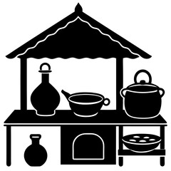 Village kitchen with traditional clay stoves silhouette vector illustration 