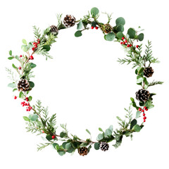 Fototapeta premium Festive winter wreath with pine cones eucalyptus and red berries a symbol of holiday cheer and cozy winter vibes