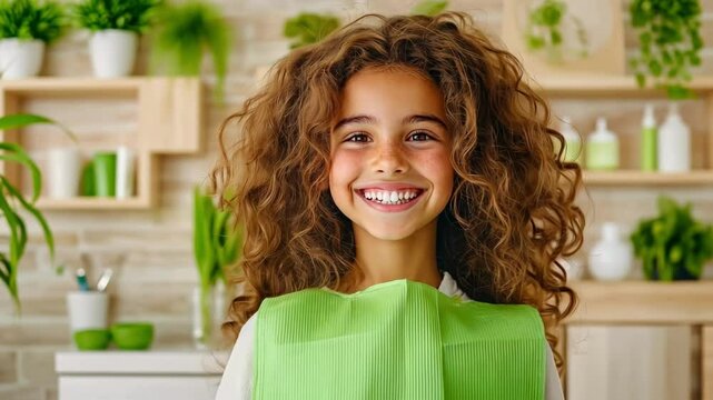 Smiling young caucasian girl at dental clinic with curly hair and green bib. The concept of dentistry, prevention and treatment of teeth
