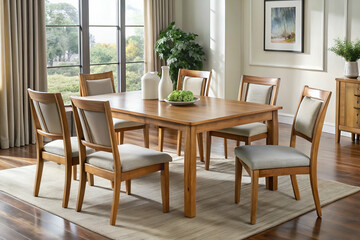 Obraz premium A dining table with chairs and a table with chairs arranged elegantly in a modern and cozy space 