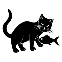 A sneaky cat stealing fish silhouette vector illustration 