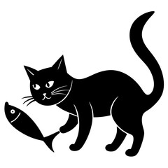 A sneaky cat stealing fish silhouette vector illustration 
