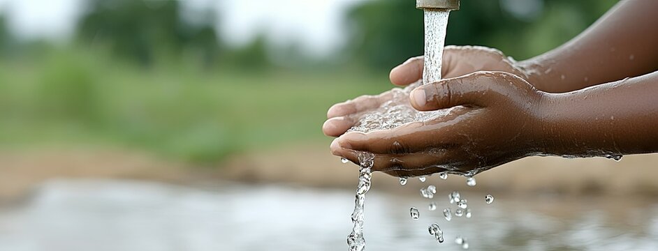 Hands cupped to collect fresh water from a public tap in a rural area on a sunny day, symbolizing the importance of clean water access