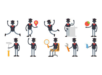 robot student characters in different poses set