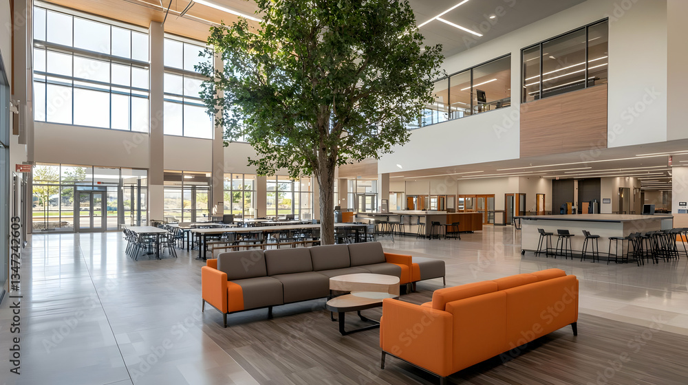 Poster modern interior architecture of an open lobby with orange and grey sofas central tree and bright nat