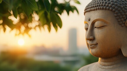 Golden Buddha statue bathed in warm sunrise glow with greenery in the foreground