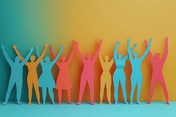 Joyful Paper People Group Raising Arms in Celebration