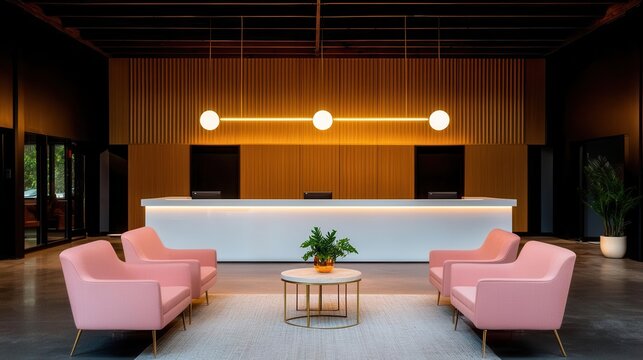 Boutiquestyle bank lobby with intimate seating areas, artistic lighting, and personal service desks, boutique bank lobby, luxurious, personalized design