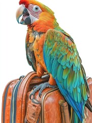 Fototapeta premium Colorful macaw perched on leather suitcase with white background