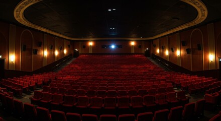 Interior of empty movie theater with red seats