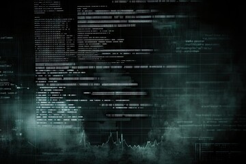 Dark teal digital code, data streams, and graphs