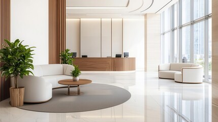 Elegant, modern bank lobby with circular seating areas, marble floors, and warm wood accents, elegant bank design, sophisticated, welcoming look