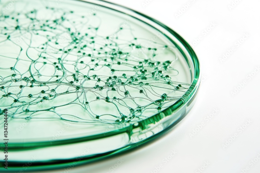 Poster intricate network of green bubbles trapped in a transparent glass dish, creating a mesmerizing patte
