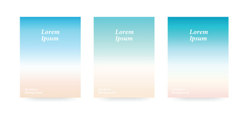 Set of summer gradient posters in minimal style. Soft blurred ocean horizon, beach colors gradient background for banner, card, flyer and book cover. 