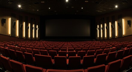 Interior of empty movie theater with red seats