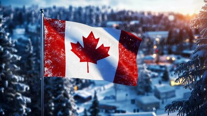 Canadian flag waving in winter wonderland celebrating canada day