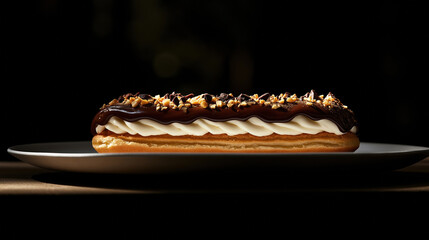 Chocolate Eclair with Cream and Nuts on a Plate