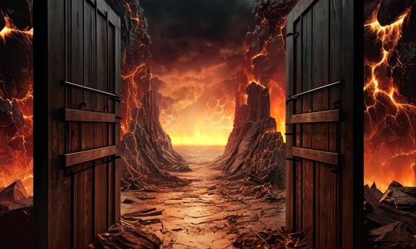 mystic open door to hell with burning fire illustrated animation