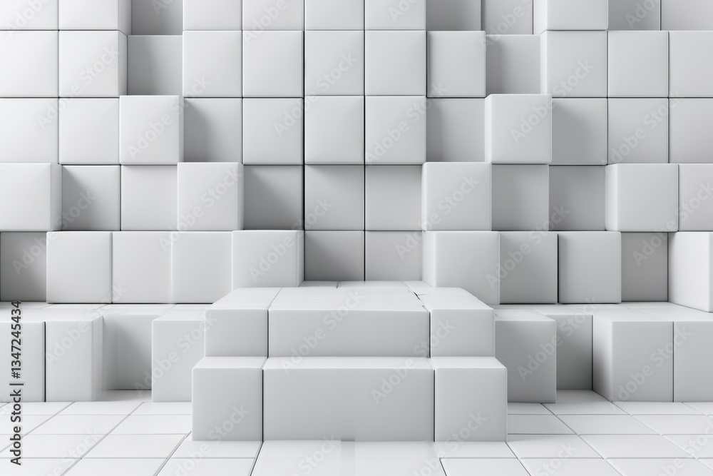 Poster abstract 3d rendering of a minimalist white cube structure with a step platform.