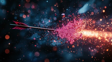 Arrow with pink particles exploding on dark background.