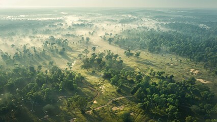 Fototapeta premium High-Altitude View of Savanna Deforestation: Contrast Between Lush Forest and Clear-Cut Land with Rising Smoke