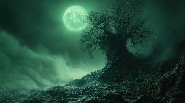 Eerie, gnarled tree silhouetted against a ghostly green full moon and fog.