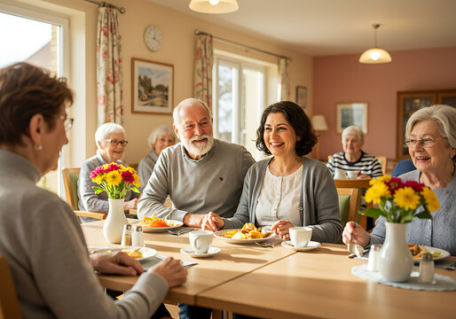A group of cheerful seniors enjoy a sociable lunch together in a sunny retirement home dining room.