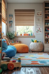 Dynamic modular children's room interior filled with colorful toys, pouffes, cushions, and books. Concept: dynamic modular children's room interior focusing on playful design, decor.