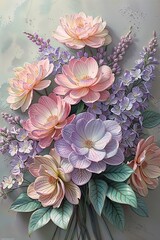 Bouquet of flowers with peonies and lilacs Picturesque image of delicate flowers in soft pastel colors.