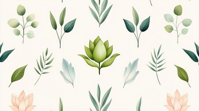 mindfulness pattern, an serene seamless pattern with hand-drawn green ribbons, mindfulness symbols, lotus flowers, and soothing silhouettes on a pastel background