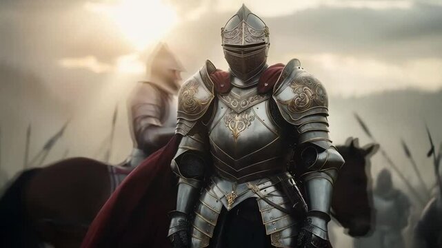 A knight in full armor stands in front of a group of soldiers. Smooth repeating motion for background video animation.