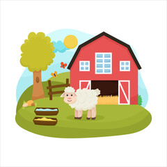 Cute baby sheep walking on the lawn, in the background a barn, fence and cute rural scene on a white background