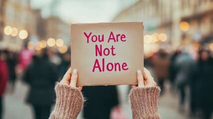mental health awareness, a person holds a you are not alone sign at a mental health rally, surrounded by supportive people in the background
