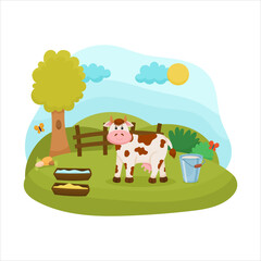 Background with cute cow farm animal, cartoon vector illustration rural and livestock scnene< spotted cow on the farm