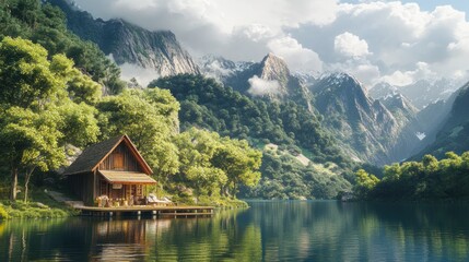 Obraz premium Picturesque mountain cabin by a serene lake. Lush green forest, dramatic mountains, and a peaceful atmosphere