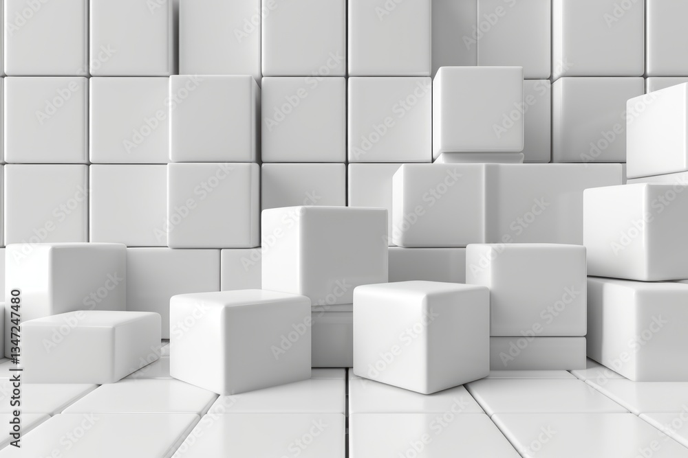 Poster abstract 3d rendering of white cubes forming a geometric structure, creating a minimalist and modern