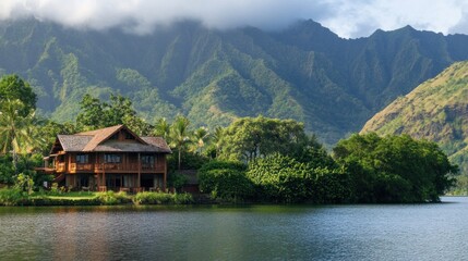 Naklejka premium Tranquil mountainside lake house nestled in lush greenery
