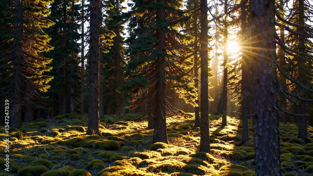 Poster sunlight filters through trees in serene forest setting at dusk