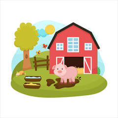Cute farm animal scene with little pig, playing in the big brown dirt. In the background is a cute farm with an old hangar and a garden. Cute children's illustration