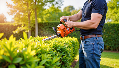 Obraz premium Focused homeowner trimming hedges in sunny well-maintained garden, yard work