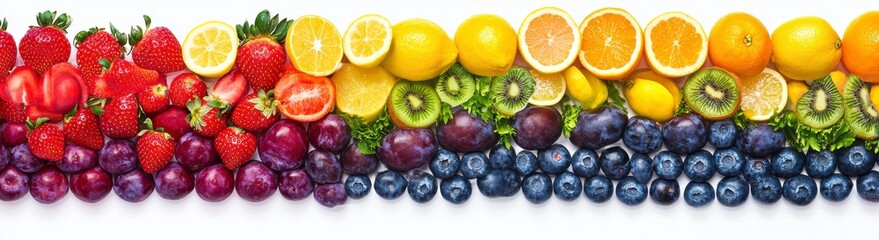 Rainbow of Fresh Fruits Vibrant Strawberries, Citrus, and Berries on White